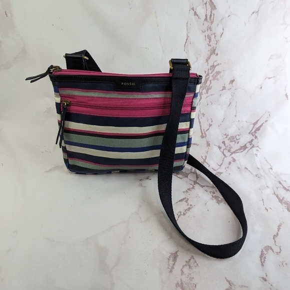 Fossil Eliza Black Multi Stripe Crossbody Messenger Bag Purse Pink Dots Stripes - Picture 1 of 16